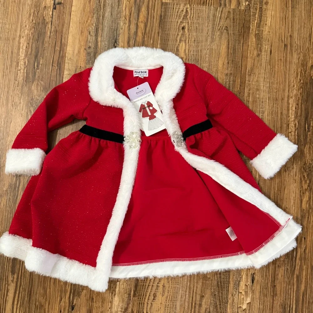 NWT Blueberi Boulevard Dress and Coat Set Toddler Girls 3T Fur Holiday Christmas